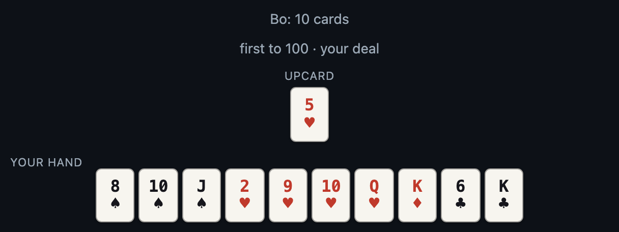 A Gin Rummy hand in the kibitz app